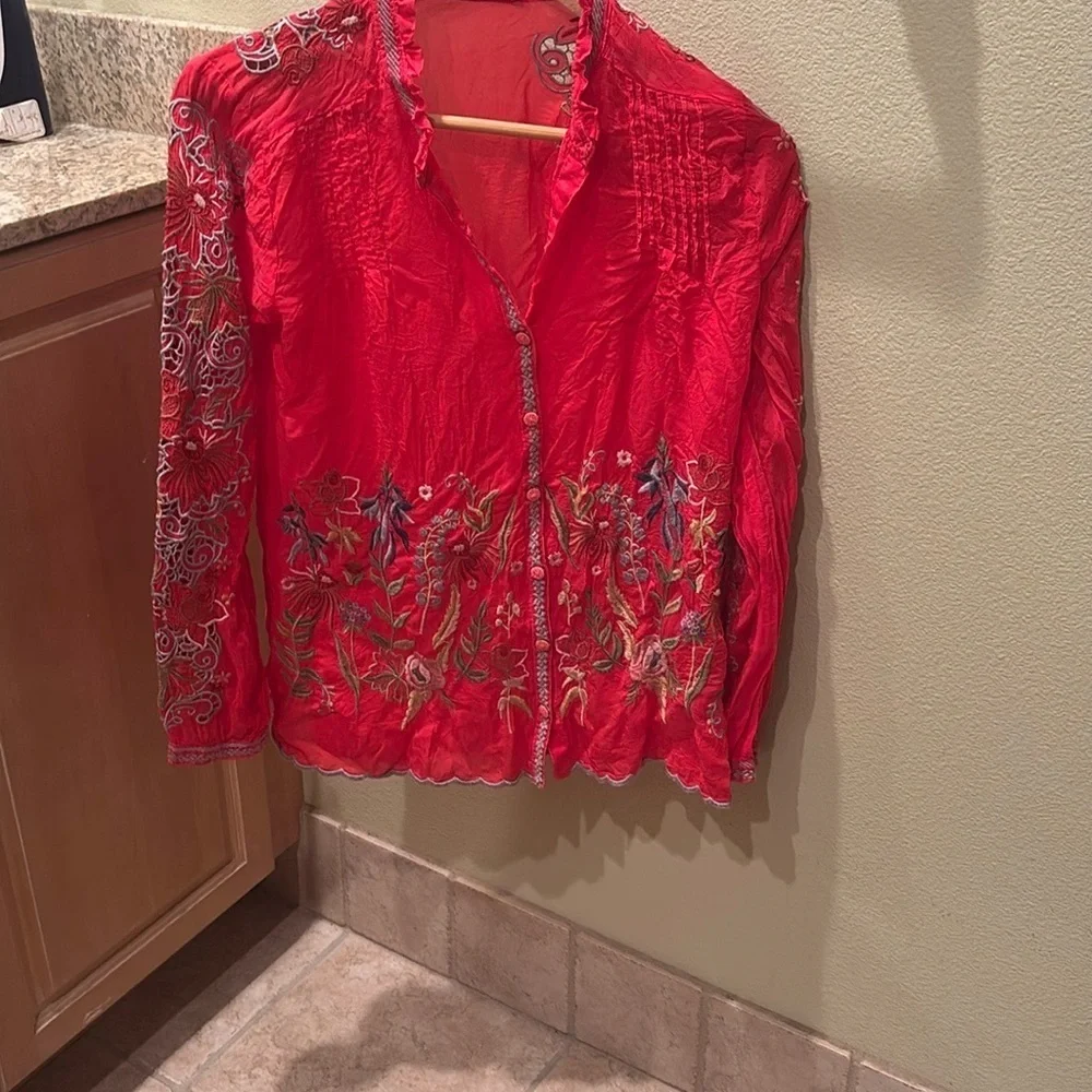 Johnny Was Red Floral Embroidered Blouse - Picture 2 of 9